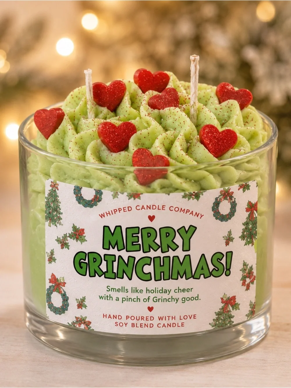 Merry Grinchmas! Green Soy Blend Candle with Red Heart Toppers